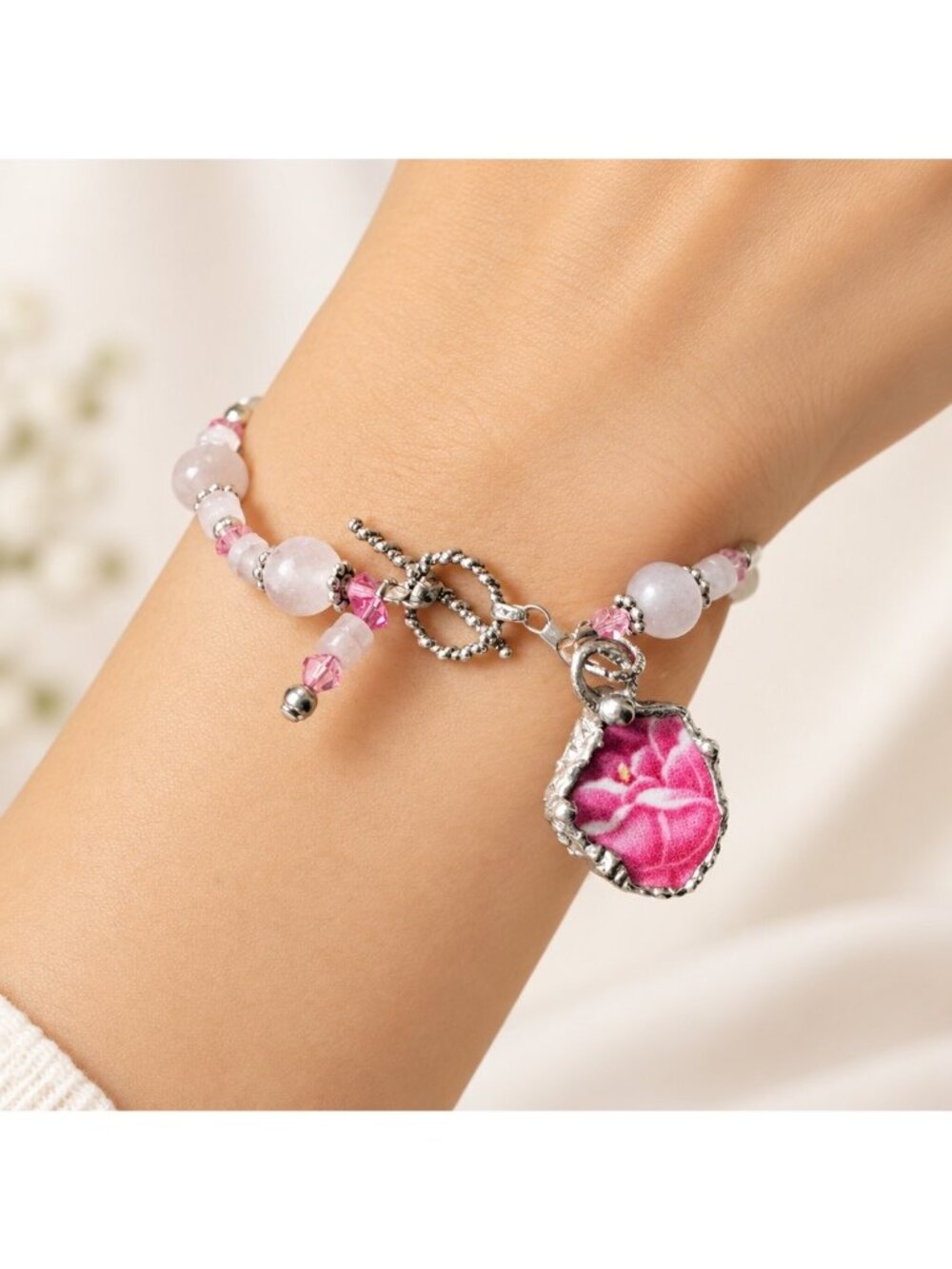Vintage Pink Rose Quartz Bracelet Broken China Charm Cabochon - Picture 10 of 11